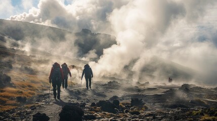 Wall Mural - a group of hikers cautiously approach a fumarole enveloped in a cloud of steam.