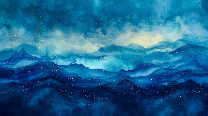 Wall Mural - abstract watercolor background with mountains and blue sky. hand drawn illustration