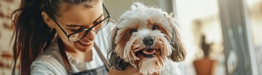 Wall Mural - Ultrarealistic photography stock photo of a smiling young groomer in an apron trimming a cute furry dog in a pet salon, capturing the detail and joy of the moment