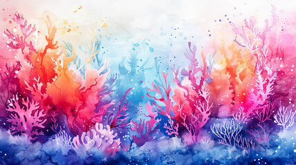 Watercolor coral reef background. Colorful underwater world. Vector illustration.