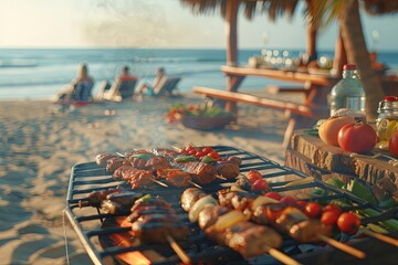 banner space for text: bbq feast on the beach: a barbecue grill with various meats and vegetables co