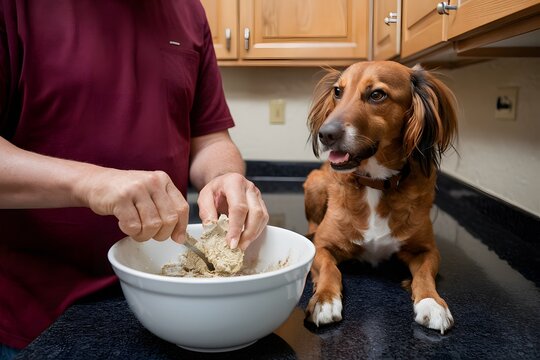 Person in maroon shirt mixes ingredients, watched by eager dog on countertop