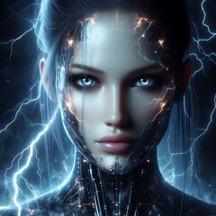 Futuristic cyborg woman. Realistic face, partially made of metal plates. The eyes glow with neon. Lightning and sparks come from the robot