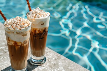 Banner Iced Coffee Drinks at the Pool: Tall glasses of iced coffee with whipped cream and straws, set on a table by the poolside. 