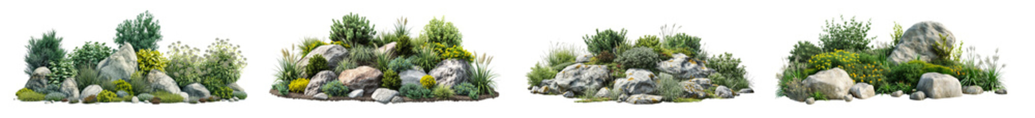 Wall Mural - dark green and light yellow mixed landscape designs with fir trees grass and rocks isolated on trans