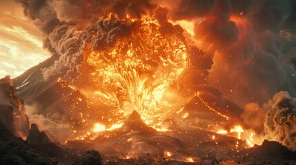 Wall Mural - with a deafening roar the volcano unleashes a powerful eruption of ash and fire.