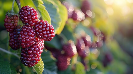 Canvas Print - A close-up of ripe mulberries on the vine.