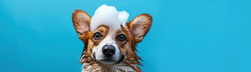 Wall Mural - Playful wet Corgi dog in a bath with soap foam on its head, set against a vibrant blue background with copy space, perfect for an upbeat and happy scene