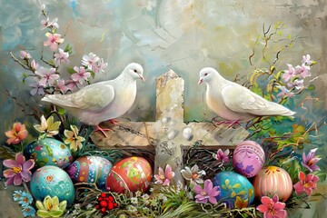 Easter art with crosses, doves. Happy easter. Easter concept