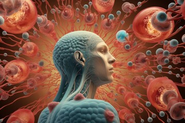 Wall Mural - A human head with a large colorful image of cells. Generative AI