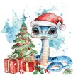 © dashtik - watercolor depicts a lovable little snake with oversized eyes, donning a Santa hat