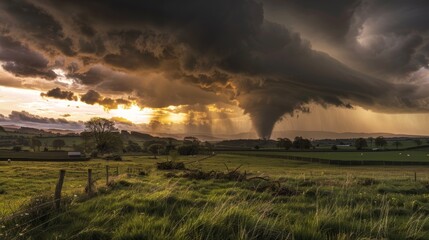 Wall Mural - the spectre of the tornado looms over the countryside casting a dark shadow in its wake.