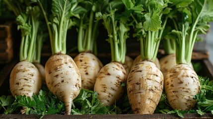 Wall Mural - A close-up of freshly harvested parsnips with their greens.