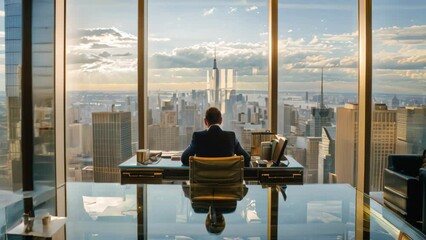 Sticker - A man in a suit is seated at a modern desk in front of a wide window, A chic executive sitting at a glass desk, surrounded by high-rise buildings and a view of the skyline