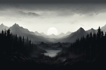 Wall Mural - A dark mountain lake with a full moon in the background. Generative AI