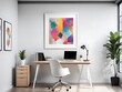 © Five Million Stocks - This is a mockup of an office with a blank white frame, presenting a colourful, contemporary mixed-media artwork design.