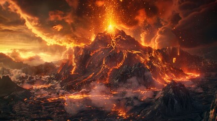 Wall Mural - a mountain engulfed in flames spewing molten lava creating a nightmarish scene.