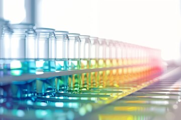 Wall Mural - Rainbow Laboratory Test Tubes, Blurred Background, Color Laboratory Test Tubes on Rack, Research Lab