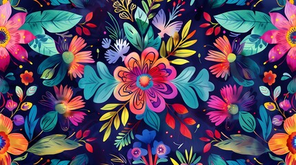 Wall Mural - Vibrant floral pattern on a dark background