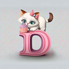 Wall Mural - Cute cat with cake and number zero. 3D illustration. letter D