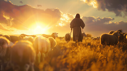 Poster - Shepherd Leading Herd of Sheep in Field