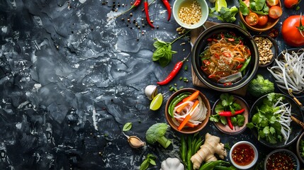 Asian food background with various ingredients on rustic stone background