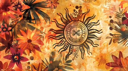 Wall Mural - Vibrant tribal sun amidst a fiery floral backdrop