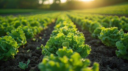 Poster - A field of vibrant green endive growing in neat rows.