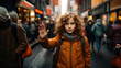 © AS Photo Family - Young Girl Reaching Toward Camera in Busy City Street with Winter Coat