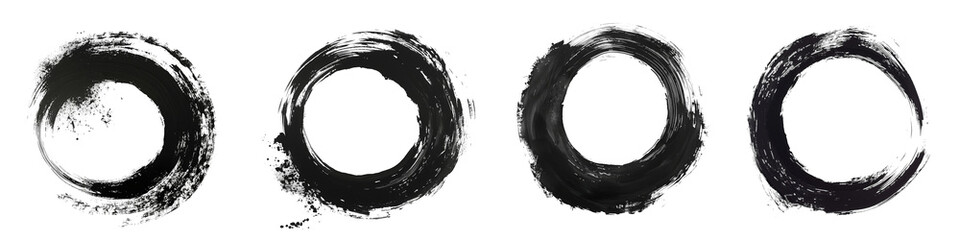 Black ink hand drawn brushstrokes circles of paint isolated on transparent background cutout png