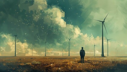 Wall Mural - A man stands in a field of wind turbines by AI generated image