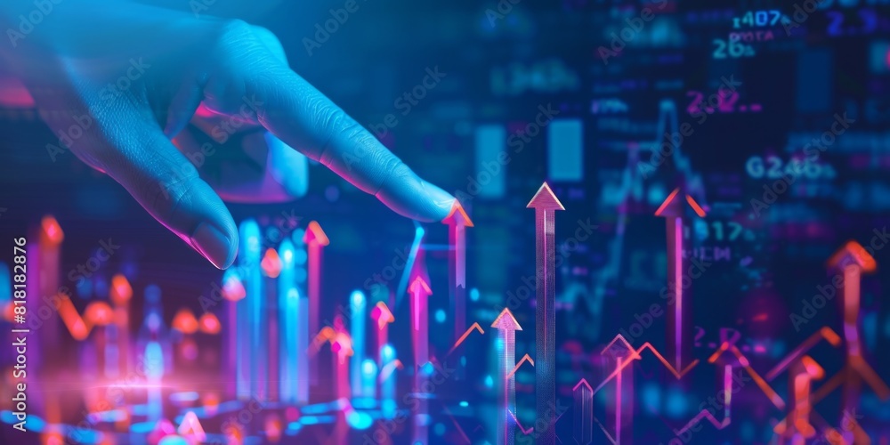 market increase graph hand 2d animation. finger... Hand touching rising graph arrow growing up on blue background ...