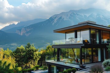 Wall Mural - Modern glass villa with magnificent mountain views for a luxury glamping experience