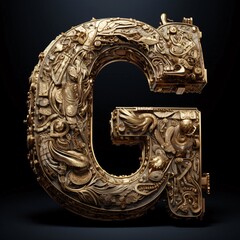 Golden capital letter G on a black background. 3d illustration.