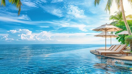 Wall Mural - Luxurious beach resort with pool, palm trees, and white sand beach chairs under blue sky horizon