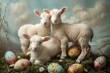 Easter art with 3 lambs. Sheep. Happy easter