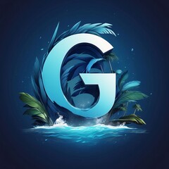 Vector illustration of letter G with palm leaves and ocean waves on dark blue background