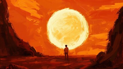 Wall Mural - The silhouette of a man looking at the sun, watercolor style