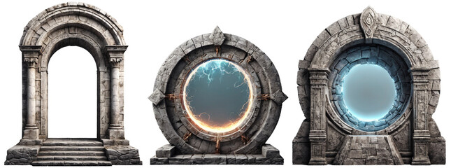 Set of portal isolated on transparent background. Architectural stone arch highlighted on a white background.