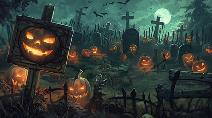 Canvas Print - Spooky graveyard pumpkins and zombies
