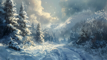 Wall Mural - Winter Scene: Snowy Landscape With Trees
