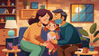 © Oksa Art - Loving Family Embrace at Home: Parents and Child Enjoying Cozy Time Together. World Kissing Day