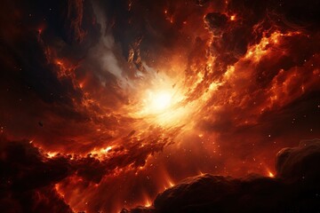 Wall Mural - A space scene with a bright sun exploding in the center and a large red cloud