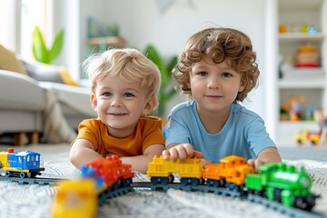 Two young boys are playing with a train set, smiling and enjoying themselves