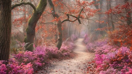 Wall Mural -  A forest path lined with pink and purple flowers, flanked by trees bearing red leaves on each side