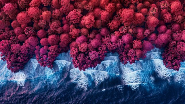  A bird's-eye perspective of a cluster of red and blue corals beneath crystal-clear ocean waters, surrounded by frothy waves in the foreground