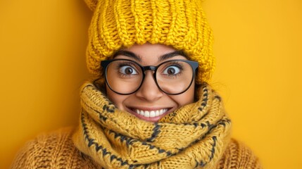 Wall Mural -  A smiling woman wears a knitted hat and two scarves around her neck