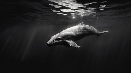 Wall Mural - A black and white photo of a whale swimming in the water.