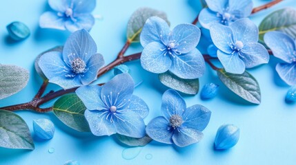  A plethora of blue blooms rests atop a blue backdrop, their petals dotted with water droplets, while verdant leaves gracefully cascade from st