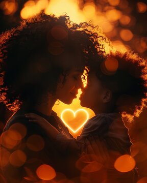  silhouette of a beautiful black mother hugging her child son who has curly hair a heart symbol is shown in the space between them, sunset in the background 